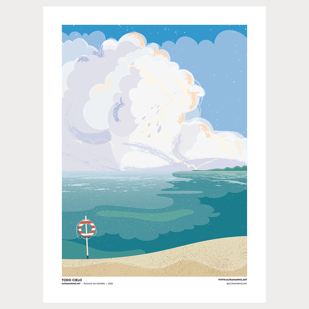 Lámina ilustrada "Todo cielo": mar y playa bajo una gran nube, con una señal de socorrista