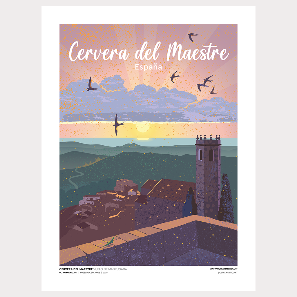 Lámina ilustrada "Cervera del Maestre, vuelo de madrugada": amanecer sobre la fortaleza con golondrinas volando