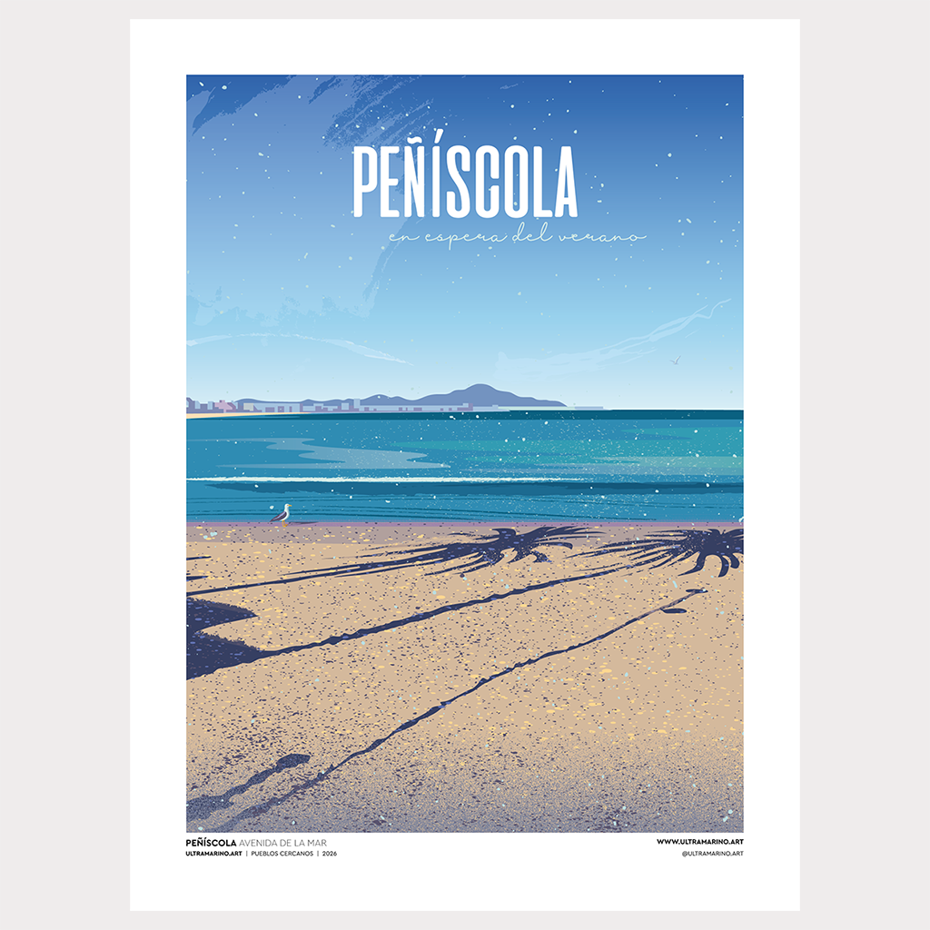 Lámina ilustrada "Peñíscola, Avenida de la Mar": playa con sombras de palmeras y la Serra de Montsià al fondo