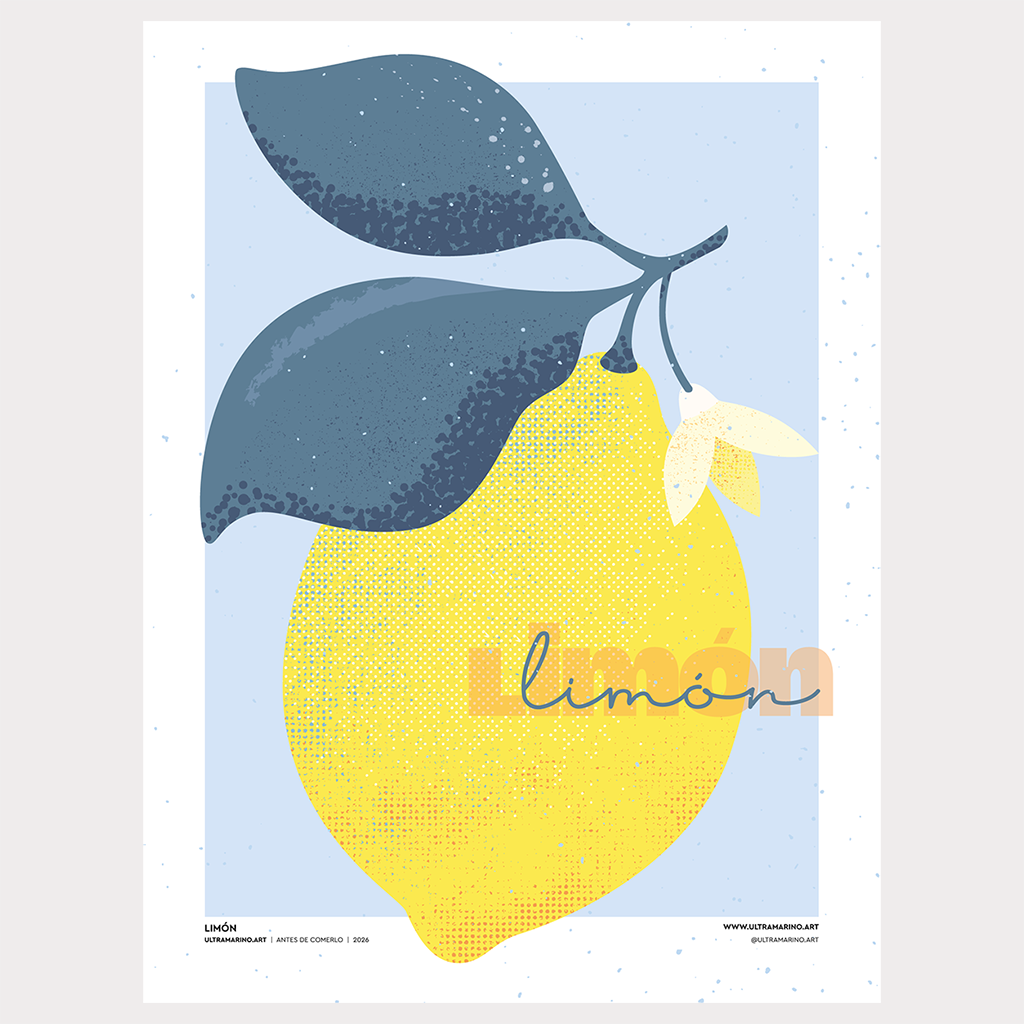 Lámina ilustrada "Limón" con hojas y flor