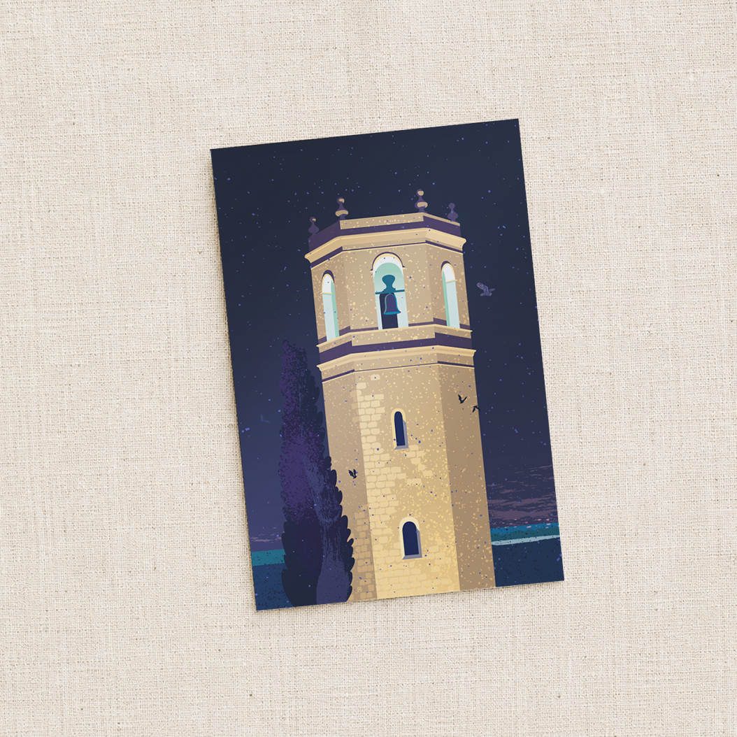 Postal | El campanario Cervera del Maestre por la noche