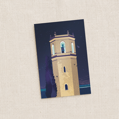 Postal | El campanario Cervera del Maestre por la noche