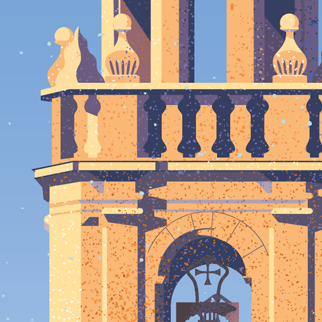 Detalle de la ilustración "Sant Jordi, el Campanario" con los arcos y balaustres de la torre