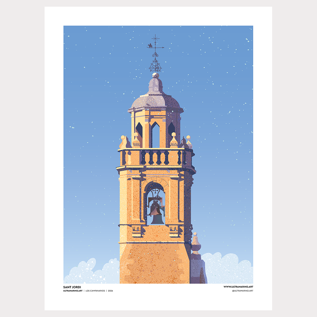 Lámina ilustrada "Sant Jordi, el Campanario": campanario del pueblo bajo un cielo azul despejado