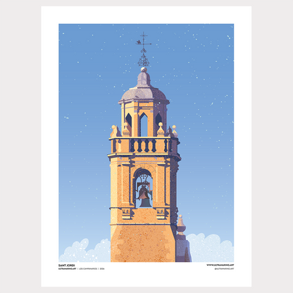 Lámina ilustrada "Sant Jordi, el Campanario": campanario del pueblo bajo un cielo azul despejado