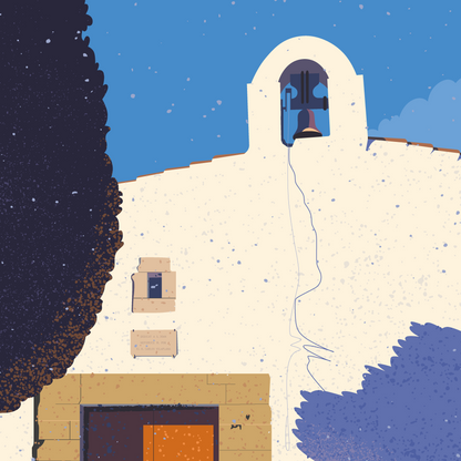Detalle de la lámina: campanario y puerta naranja de la ermita de Sant Joan, junto a un ciprés